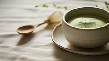 generativo ai, verde matcha chá pó e bebida, silenciado neutro cores. tradicional japonês chá foto
