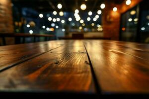 bokeh aceso cafeteria ambiente, detalhado Visão do uma de madeira mesa superfície ai gerado foto