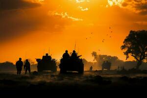no meio a pôr do sol brilho e fumaça, soldados ataque a inimigo ai gerado foto