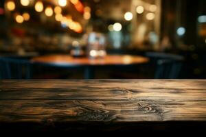 uma em branco de madeira mesa com uma café lojas abstrato fundo ai gerado foto