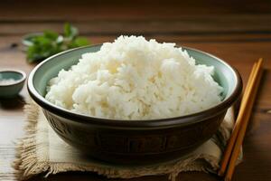 uma tigela preenchidas com perfeitamente cozinhou, fofo branco arroz ai gerado foto