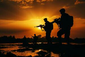 silhuetas do armado soldados ou oficiais às pôr do sol, pronto para dever ai gerado foto