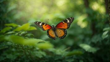 natureza fundo com uma lindo vôo borboleta com verde floresta ai generativo foto