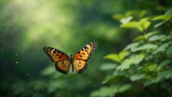 natureza fundo com uma lindo vôo borboleta com verde floresta ai generativo foto