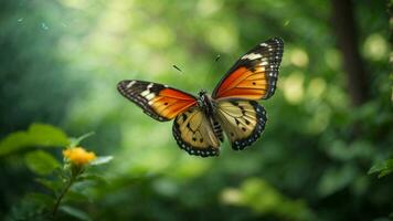 natureza fundo com uma lindo vôo borboleta com verde floresta ai generativo foto