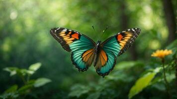 natureza fundo com uma lindo vôo borboleta com verde floresta ai generativo foto