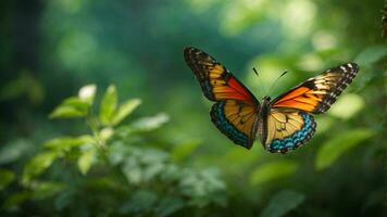 natureza fundo com uma lindo vôo borboleta com verde floresta ai generativo foto