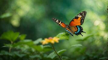 natureza fundo com uma lindo vôo borboleta com verde floresta ai generativo foto