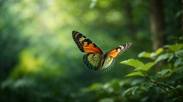 natureza fundo com uma lindo vôo borboleta com verde floresta ai generativo foto