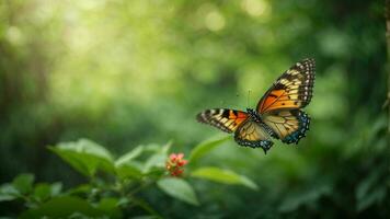 natureza fundo com uma lindo vôo borboleta com verde floresta ai generativo foto