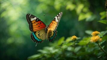 natureza fundo com uma lindo vôo borboleta com verde floresta ai generativo foto