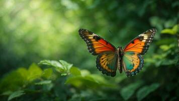 natureza fundo com uma lindo vôo borboleta com verde floresta ai generativo foto