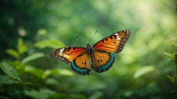 natureza fundo com uma lindo vôo borboleta com verde floresta ai generativo foto