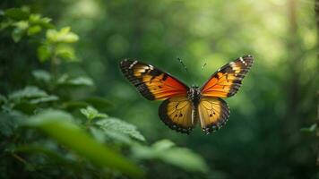 natureza fundo com uma lindo vôo borboleta com verde floresta ai generativo foto