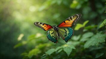 natureza fundo com uma lindo vôo borboleta com verde floresta ai generativo foto