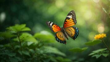 natureza fundo com uma lindo vôo borboleta com verde floresta ai generativo foto