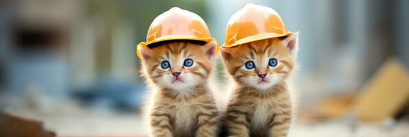 gatinhos estão construtores. dois fofa pequeno gatinhos dentro a laranja Difícil chapéu em uma borrado fundo do uma construção local. ai gerado foto