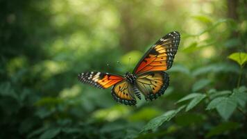 natureza fundo com uma lindo vôo borboleta com verde floresta ai generativo foto