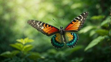 natureza fundo com uma lindo vôo borboleta com verde floresta ai generativo foto