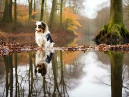 cachorro e Está reflexão dentro uma calma lagoa ai generativo foto