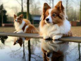 cachorro e Está reflexão dentro uma calma lagoa ai generativo foto