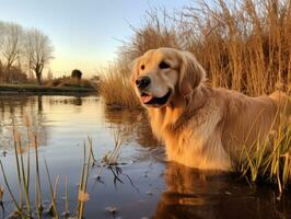 cachorro e Está reflexão dentro uma calma lagoa ai generativo foto