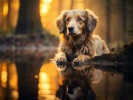 cachorro e Está reflexão dentro uma calma lagoa ai generativo foto