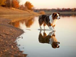 cachorro e Está reflexão dentro uma calma lagoa ai generativo foto