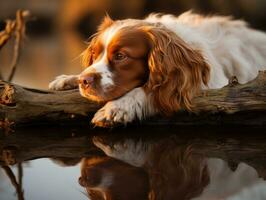 cachorro e Está reflexão dentro uma calma lagoa ai generativo foto