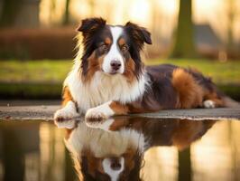 cachorro e Está reflexão dentro uma calma lagoa ai generativo foto