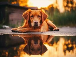 cachorro e Está reflexão dentro uma calma lagoa ai generativo foto