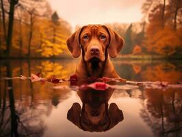 cachorro e Está reflexão dentro uma calma lagoa ai generativo foto