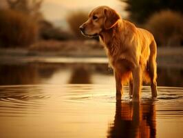 cachorro e Está reflexão dentro uma calma lagoa ai generativo foto