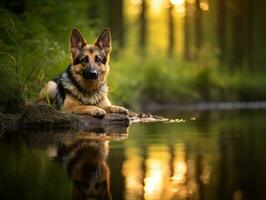 cachorro e Está reflexão dentro uma calma lagoa ai generativo foto