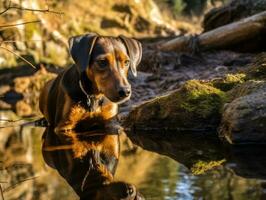 cachorro e Está reflexão dentro uma calma lagoa ai generativo foto