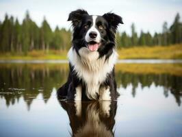 cachorro e Está reflexão dentro uma calma lagoa ai generativo foto