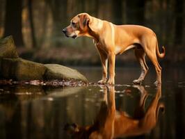 cachorro e Está reflexão dentro uma calma lagoa ai generativo foto