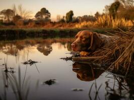 cachorro e Está reflexão dentro uma calma lagoa ai generativo foto