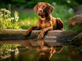 cachorro e Está reflexão dentro uma calma lagoa ai generativo foto