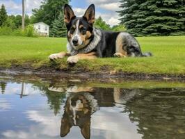 cachorro e Está reflexão dentro uma calma lagoa ai generativo foto