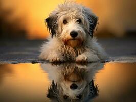 cachorro e Está reflexão dentro uma calma lagoa ai generativo foto