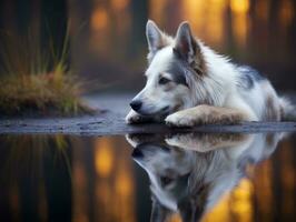 cachorro e Está reflexão dentro uma calma lagoa ai generativo foto