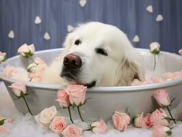 sereno cachorro desfrutando uma massagem às uma animal spa ai generativo foto