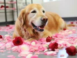 sereno cachorro desfrutando uma massagem às uma animal spa ai generativo foto