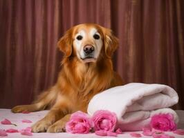 sereno cachorro desfrutando uma massagem às uma animal spa ai generativo foto