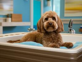 sereno cachorro desfrutando uma massagem às uma animal spa ai generativo foto