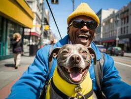 orgulhoso serviço cachorro ajudando Está proprietário com uma incapacidade ai generativo foto