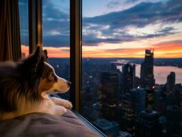 pensativo cachorro em repouso em uma suave sofá com uma Visão do a cidade ai generativo foto