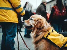 orgulhoso serviço cachorro ajudando Está proprietário com uma incapacidade ai generativo foto