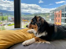 pensativo cachorro em repouso em uma suave sofá com uma Visão do a cidade ai generativo foto